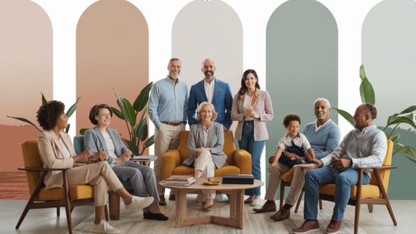 In a professional setting reflective of the Lowcountry's coastal charm, a diverse group of individuals engage in a harmonious interaction, embodying themes of unity and support, while subtle elements like a family symbol and a senior couple highlight the focus on group health insurance and employee benefits, all conveyed through a warm and inviting color palette that underscores empathy and accessibility.